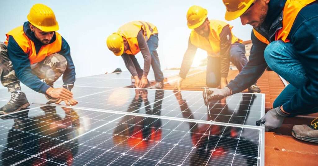 Equipo profesional de ingenieros solares planificando proyecto de energía renovable para industria